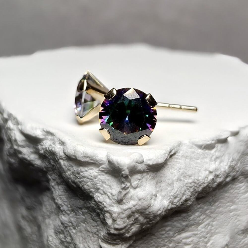 14K Solid Gold 5mm Genuine Mystic Topaz Stud Earrings w/ Silicone Backs 2